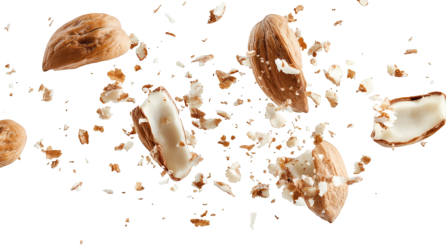 Falling walnut halves with crumbs and cracked shell in midair freeze-frame isolated on white background 