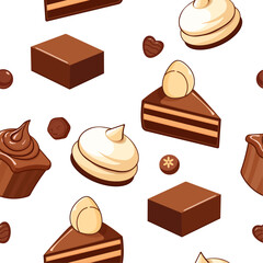 Seamless Pattern of Chocolate Desserts on White Background – Cute Vector Sweets Including Chocolate Cake Slice, Candy, Cupcake, Meringue, and Pastries for Chocolate Day, Bakery Design, Kids Decor