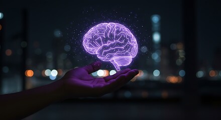 Obraz premium Glowing Brain Held Over City at Night