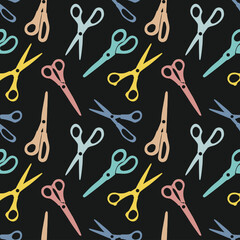 Seamless pattern of colorful scissors for paper or sewing. Pink, blue, green, yellow and beige on dark. Vector background of sewing accessories for educational materials and Back to school theme.