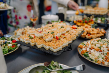 Buffet table with neatly arranged dessert bars topped with crumble and fruit, surrounded by salads and finger foods at a catered event.