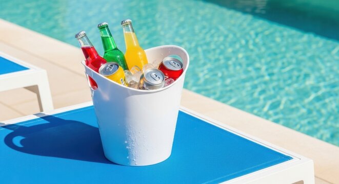 Refreshing beverages in ice bucket by poolside on sunny day