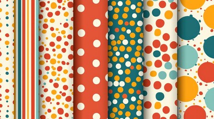 A collection of seven distinct textile patterns featuring various arrangements of circles and stripes in a muted color palette. 