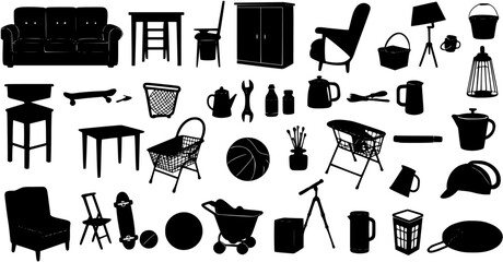 Yard sale vector silhouette banner with assorted household and sport items. vector set
