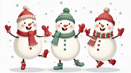 Three snowmen are dancing and smiling cheerfully, cheerful New Year mood - Powered by Adobe