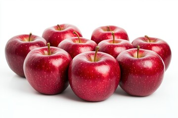 A group of eight red apples with stems on a plain white background studio