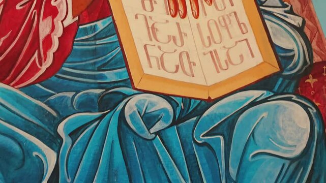 Closeup details of a colorful fresco representing jesus christ pantocrator, holding a book with an old Georgian script