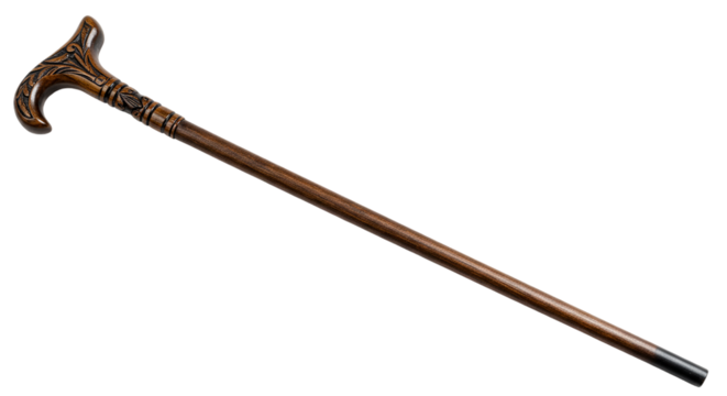An ornate wooden walking cane a symbol of elegance and support featuring detailed carvings on on transparent background