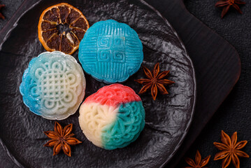 Chinese mooncake is an Asian sweet dessert. Asian mooncake as a background for your design