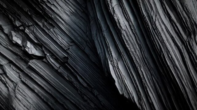 Moody abstract geological pattern of dark black rock strata with diagonal layers of folded, striated stone textures and fractured surfaces