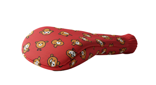 Adorable red golf club cover with playful cartoon bears adding a touch of whimsy to your game on transparent background