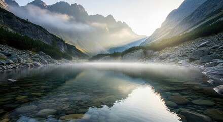 Serene mountain lake at sunrise with misty peaks and clear reflections