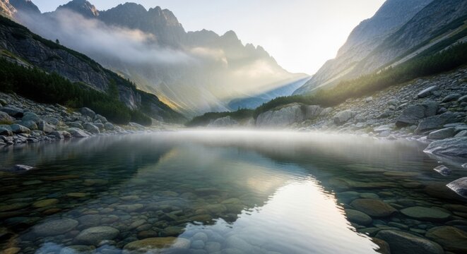 Serene mountain lake at sunrise with misty peaks and clear reflections
