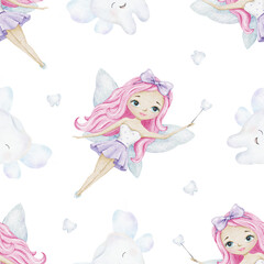 Watercolor seamless pattern of Tooth Fairy with wings, magical wand, teeth. Hand drawn kid repeat print for pediatric dentistry, National Tooth Fairy Day, scrapbook paper, fabric, textile, bed linen