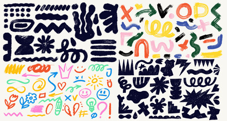 Big collection of pastel hand drawn crayon shapes, abstract forms. Set of colored childish crayon elements. Template doodle colored geometric crayon shapes in retro style. Vector doodle marker drawing