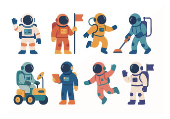 Vector set of astronauts in colorful suits performing various space tasks like exploring, analyzing, and driving. Perfect for science visuals, kids’ illustrations, and space-themed content.