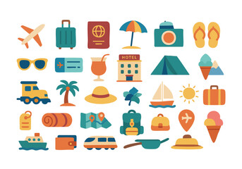 Vector set of travel and vacation icons including luggage, transport, ice cream, beach gear, maps, and hotel. Perfect for tourism, trip planning, and holiday illustrations.