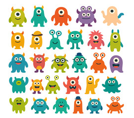 Fototapeta premium Vector set of colorful and cute cartoon monsters with playful expressions. Ideal for kids’ content, party designs, games, and fun character illustrations.