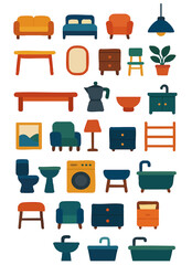 Vector set of modern home furniture and decor items including sofas, beds, lamps, sinks, toilets, and accessories. Ideal for interior design, real estate, and home organization visuals.