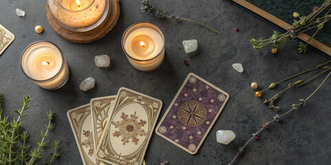 Mystical FlatLay with Tarot Cards and Burning Candles

