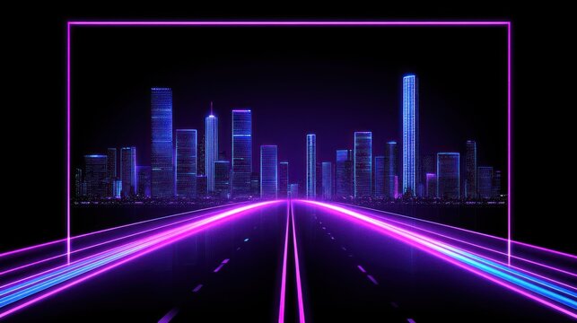 Neon cityscape highway framed in vibrant magenta light