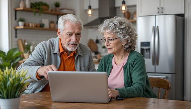 Elderly couple using laptop in their bright modern kitchen - Powered by Adobe