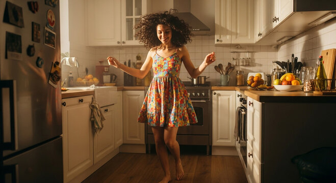Joyful Kitchen Dance: A woman with afro hair, moves freely in her well-lit kitchen. A burst of lively and upbeat energy filled the room as she dances and enjoys her time.