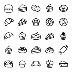 Bakery sweets and desserts icons set vector illustration with cake cupcake donut croissant and burger line art