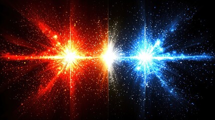 A fiery red and icy blue energy clash, divided by a bright white line, set against a dark, speckled background, suggesting a cosmic or elemental conflict