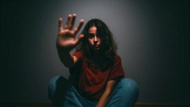 Frightened teenage girl sits raising her hand to shield herself from unseen strike. Reality of abuse, vulnerability, fear, and urgent need for protection from domestic abuse violence and teen trauma
