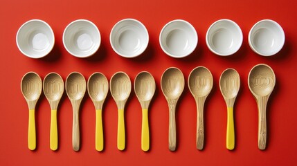 A flatlay showcasing eight small white bowls and ten wooden spoons with yellow handles, arranged in neat rows against a vibrant red background