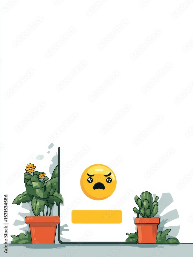 Fototapete website error screen displaying a frowning emoji with plants in pots and clear right zone design