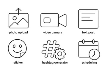 Content Creation Icons. Line style icons for content creation: photo upload, video camera, text post, filter effect, sticker,
