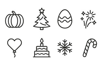 Holiday Line Icons. Line style icons for holidays: pumpkin, Christmas tree, Easter egg, fireworks, heart balloon, birthday cake,