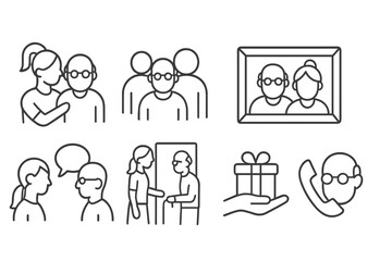 Elderly Care Icons. Line style icons for elderly family care: caregiver, family meeting, support, photo frame, communication,
