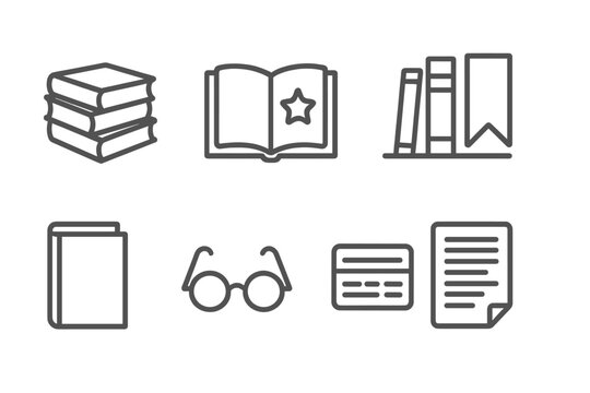 Book Collecting Icons. Line style icons for book collecting: book stack, rare book, bookshelf, bookmark, dust jacket, reading