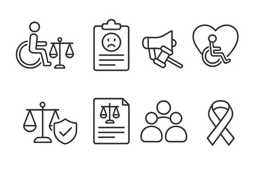 Legal Rights Icons. Line style icons for legal rights: accessibility law, complaint form, advocacy, disability rights, legal aid,