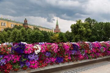 Decorative colorful floral decoration on Manezhnaya Square on Russia Day. Moscow, Russia