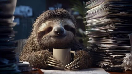 Tired sloth clutches coffee cup with weary eyes, symbol of modern workplace burnout. Humorous metaphor of exhaustion, deadlines, stress and survival in corporate burnout culture