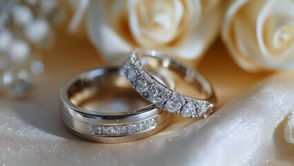 Close-up shot of elegant wedding rings resting on soft atlas with white flowers. Polished surfaces of wedding rings reflect gentle light, symbolizing love, unity, eternal commitment, timeless romantic