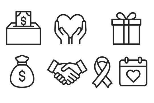 Charity Icon Set. Line style icons for charitable giving: donation box, heart hands, charity badge, gift box, money bag, handshake