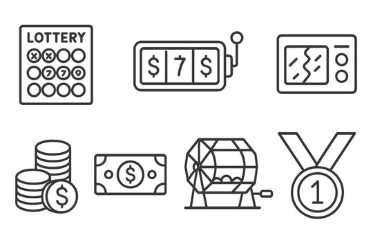 Lottery Icon Set. Line style icons for lottery: lottery ticket, winning numbers, jackpot, scratch card, coin stack, cash prize,