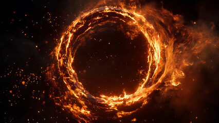 Blazing circle of intense fire erupts with radiant sparks against deep black background. Glowing flames and energetic motion of this burning ring evoke feelings of danger, energy, and fire 