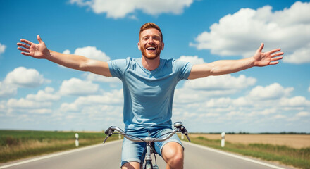 Open Road Joy: A joyful individual, arms outstretched, rides a bicycle along an open road under a bright sky, embodying freedom and adventure.