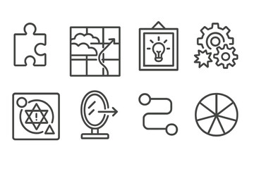 Puzzle Icons Collection. Line style icons of puzzles: clue piece icon, fog-of-war map, room escape hint, broken mechanism
