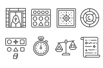 Puzzle Icon Collection. Line style icons of puzzles: secret door puzzle, button sequence icon, glowing pattern riddle, rotating