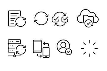 Data Sync Icons. Line style icons of data synchronization: sync logs, integration arrows, data match icon, synced cloud folder,