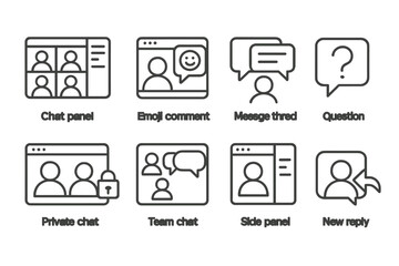 Video Conferencing Icons. Line style icons of video conferencing: chat panel, emoji comment, message thread, question bubble,