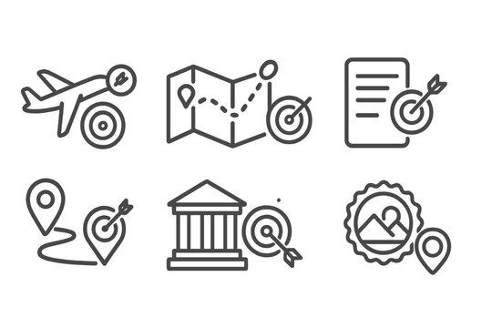 Travel Goal Icons. Line style icons of goal setting: travel goals, destination map, bucket list, trip icons, memory points,