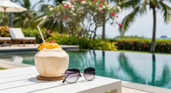 Tropical poolside scene with coconut drink and sunglasses